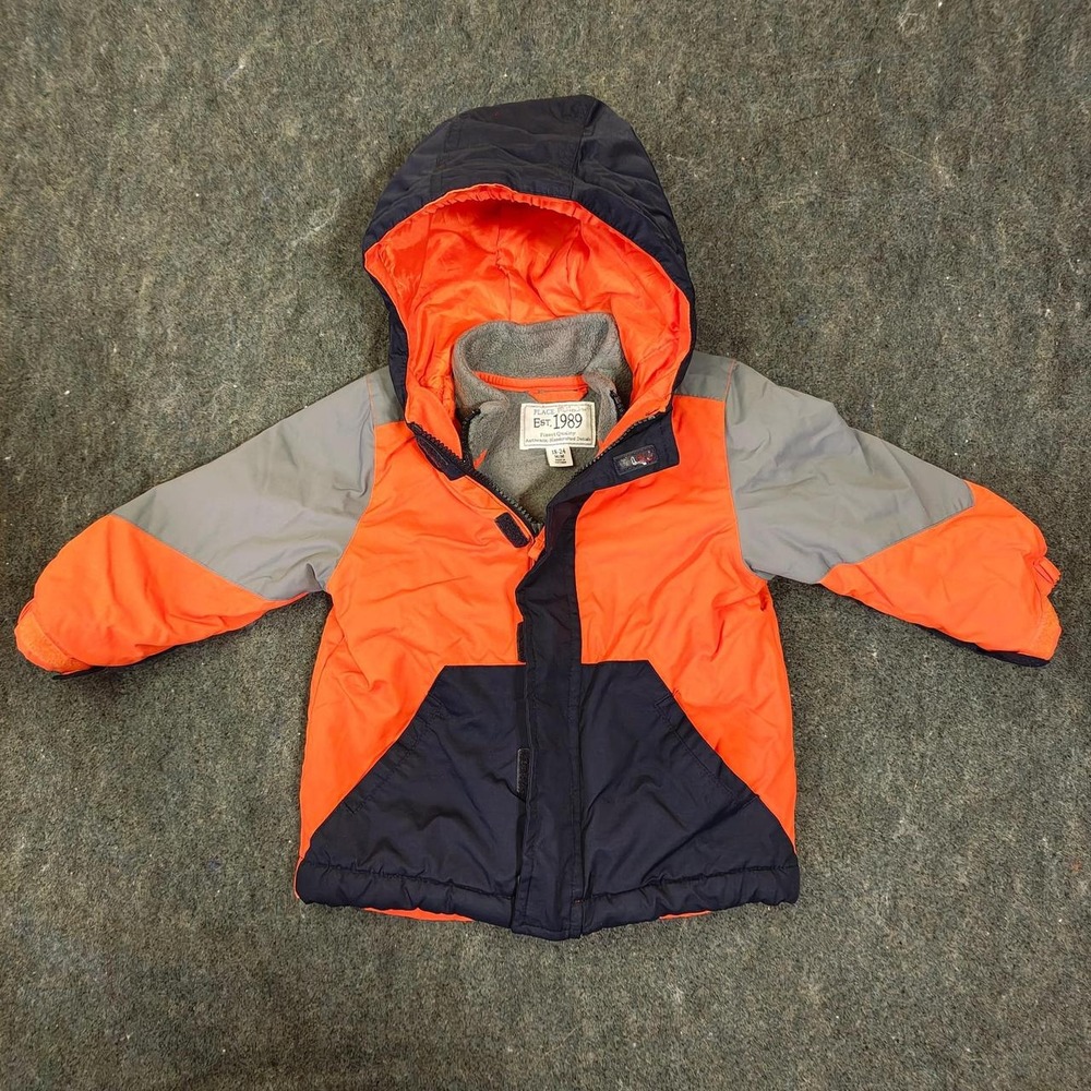 The Childrens Place Boys Orange Navy Puffer Jacket Hooded Fleece Lined 18-24M